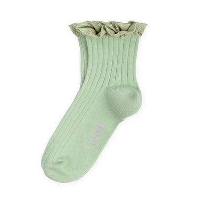 Collegien Gingham Ruffle Ribbed Ankle Socks / Verveine *preorder*