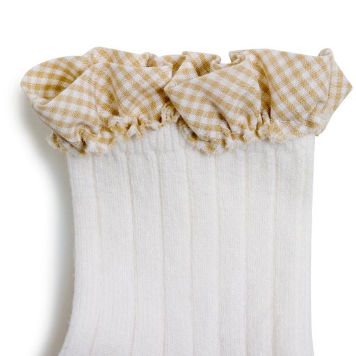 Collegien Gingham Ruffle Ribbed Ankle Socks / Blanc Neige *preorder*