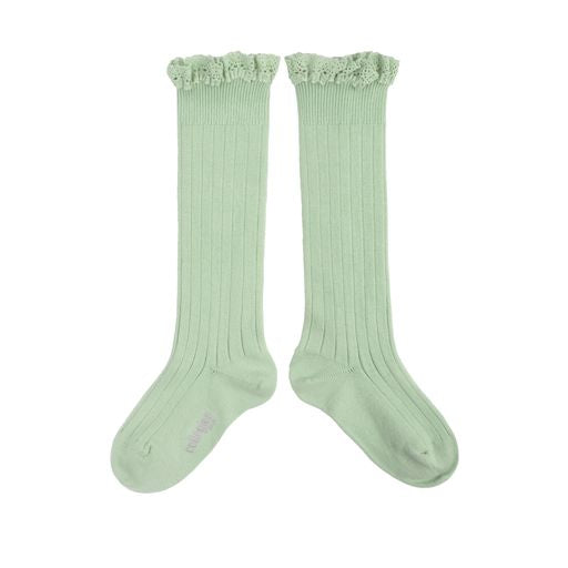Collegien Josephine Ribbed Lace Trim Knee High Socks/ Verveine *preorder*