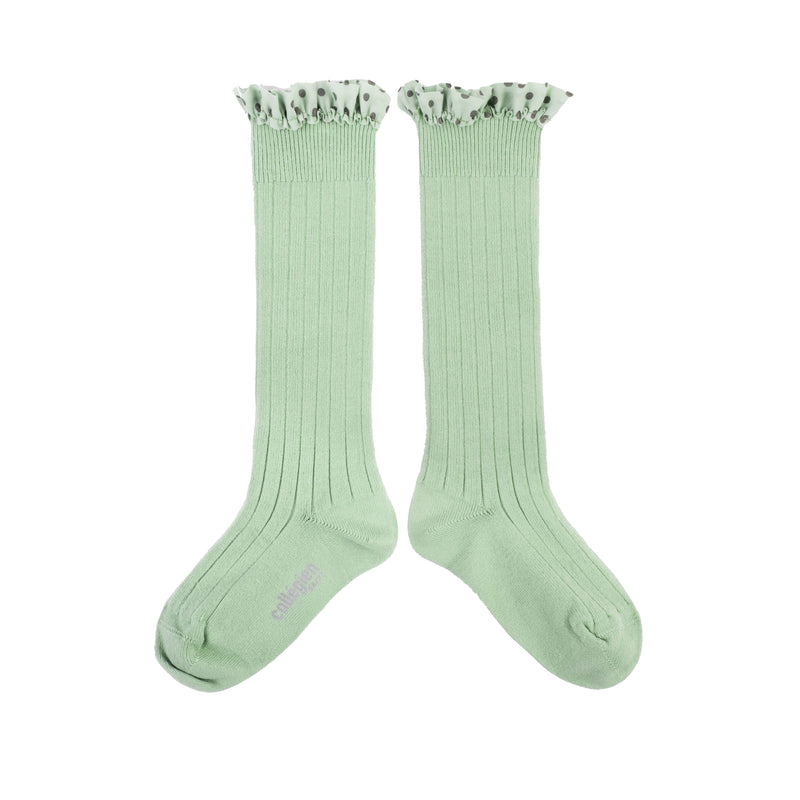 Collegien Maud Polka Dots Ruffle Knee High Socks - Verveine *Preorder*