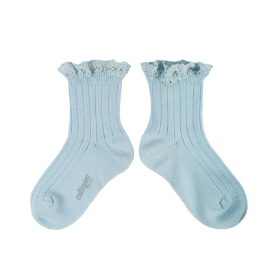 Collegien Lili Ribbed Lace Trim Ankle Socks/ Glacier