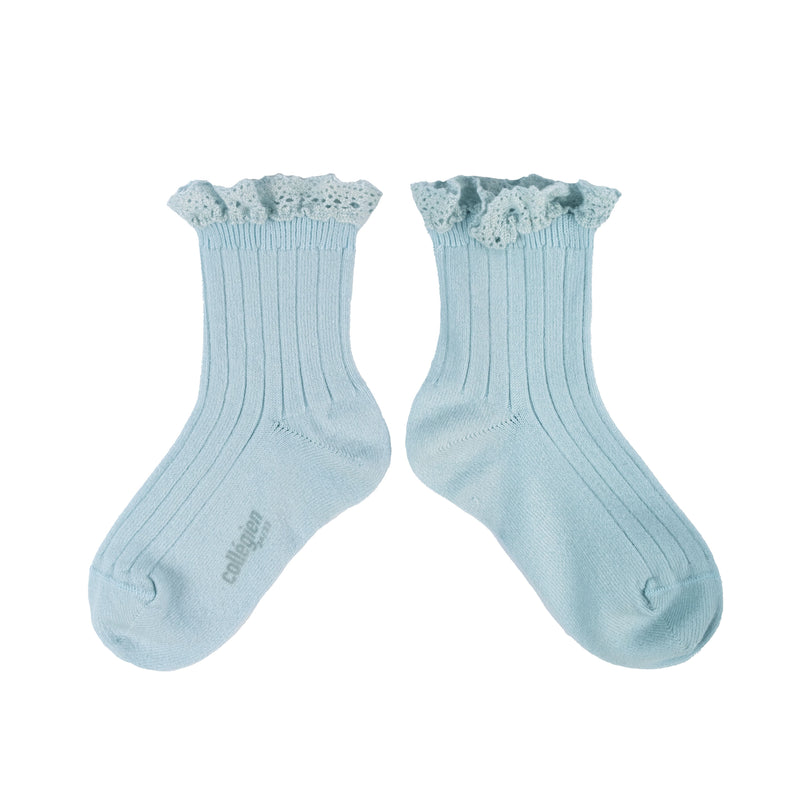Collegien Lili Ribbed Lace Trim Ankle Socks/ Glacier *preorder*