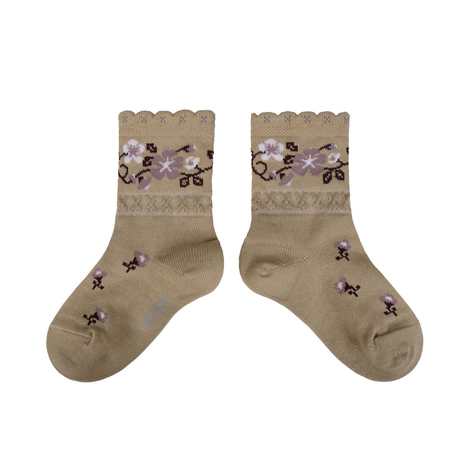 Collegien Camelia Jacquard Flower Ankle Socks - Petite Taupe *Preorder*