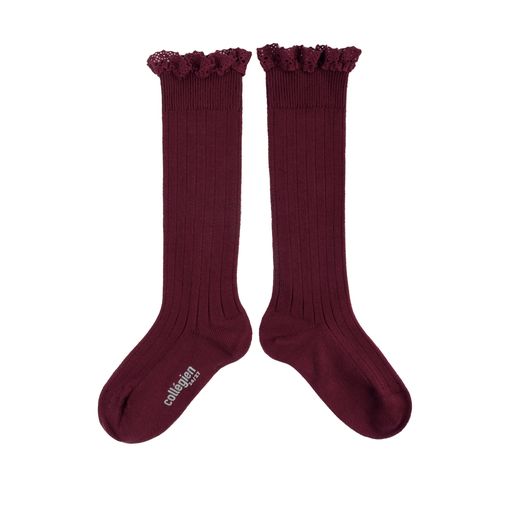 Collegien Josephine Ribbed Lace Trim Knee High Socks/ Bordeaux Grand Cru *preorder*
