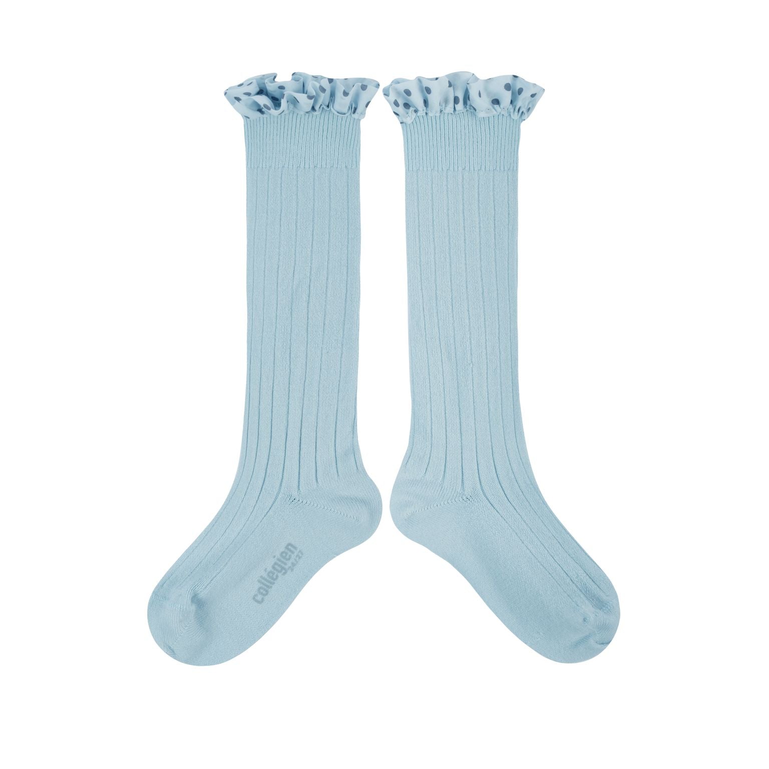 Collegien Maud Polka Dots Ruffle Knee High Socks - Glacier *Preorder*