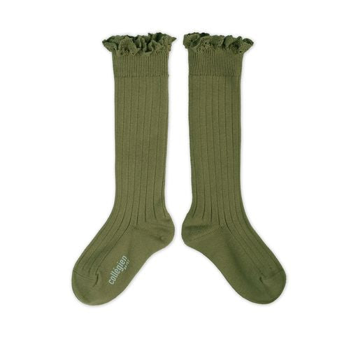 Collegien Josephine Ribbed Lace Trim Knee High Socks/ Olive *preorder*