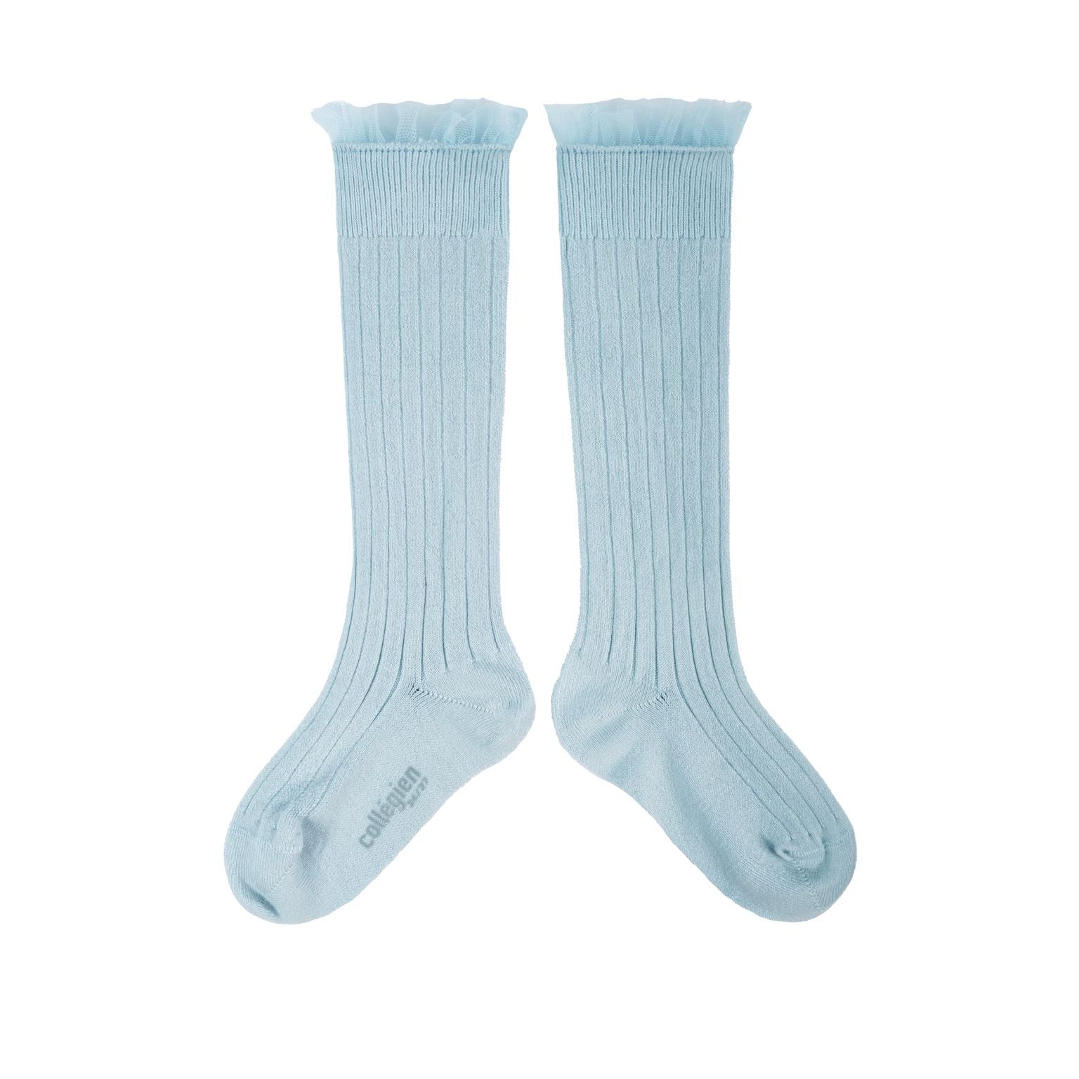 Collegien Manon Ribbed Tulle Trim Knee High Socks / Glacier *preorder*