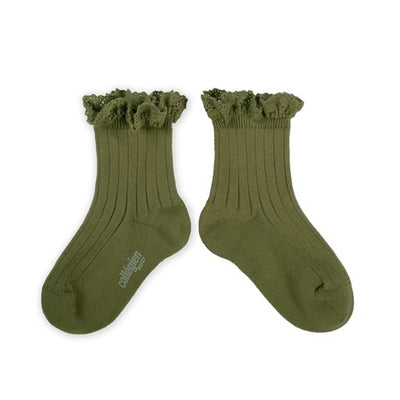Collegien Lili Ribbed Lace Trim Ankle Socks / Olive *preorder*