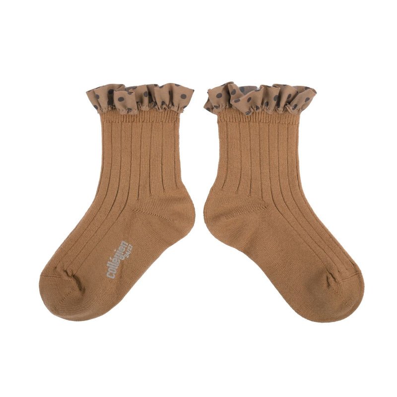 Collegien Polka Dots Ruffle Ankle Socks - Caramel *Preorder*