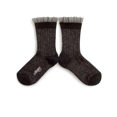 Collegien Alizee Ribbed Tulle Trim Glitter Ankle Socks / Noir de Charbon *preorder*