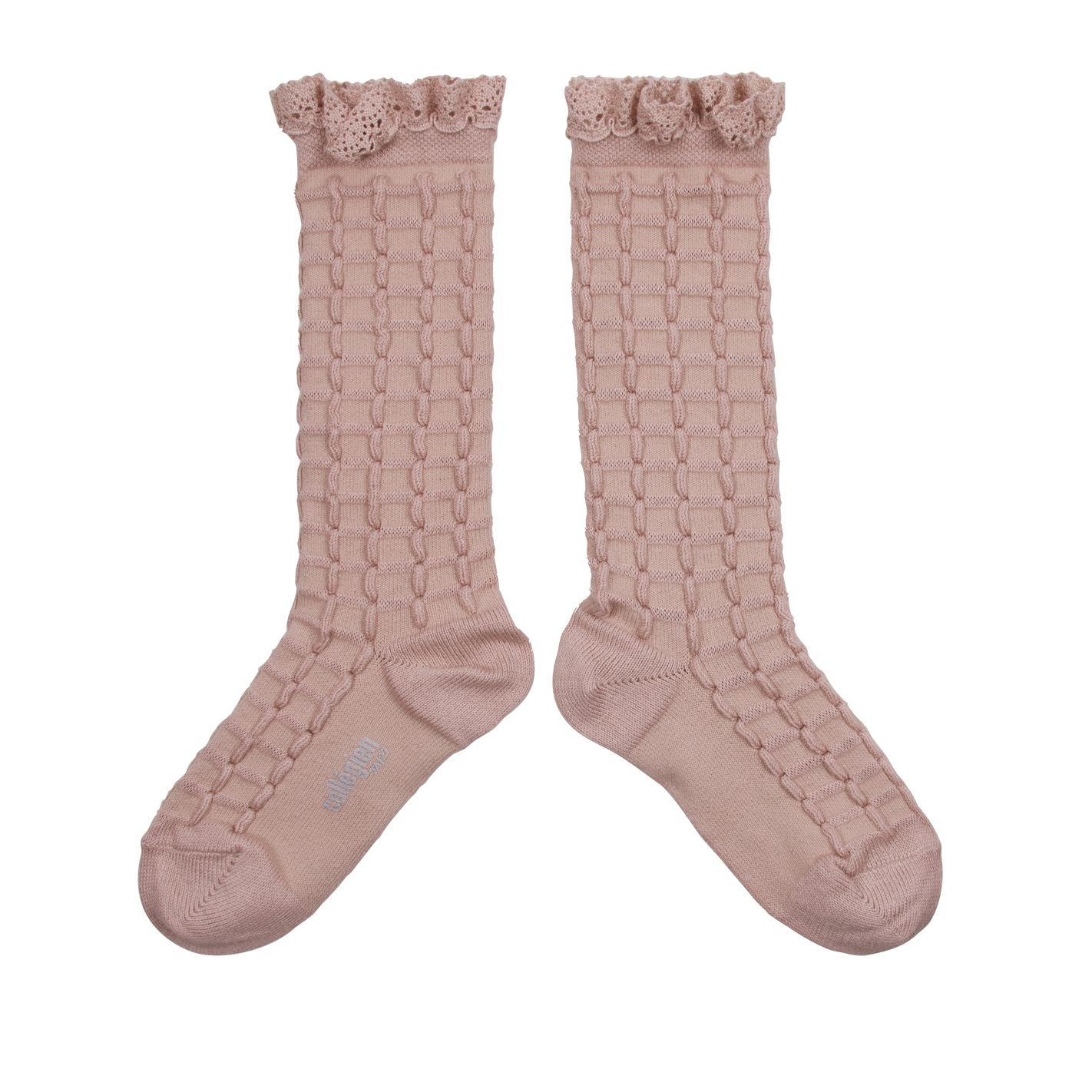 Collegien Coralie Lace Trim Textured Knee High Socks/Vieux Rose *preorder*