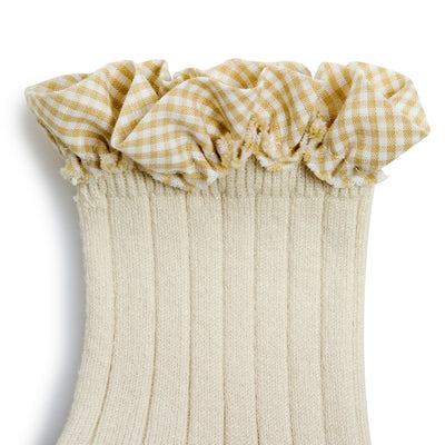 Collegien Gingham Ruffle Ribbed Ankle Socks / Doux Agneaux *preorder*