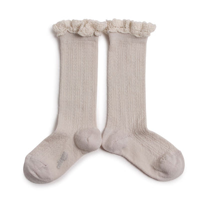 Collegien Pointelle Merino Wool Lace Trim Knee High Socks / Doux Agneaux *preorder*