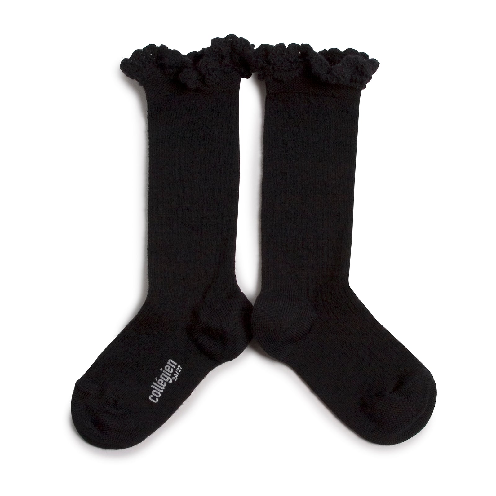 Collegien Pointelle Merino Wool Lace Trim Knee High Socks / Charbon *preorder*