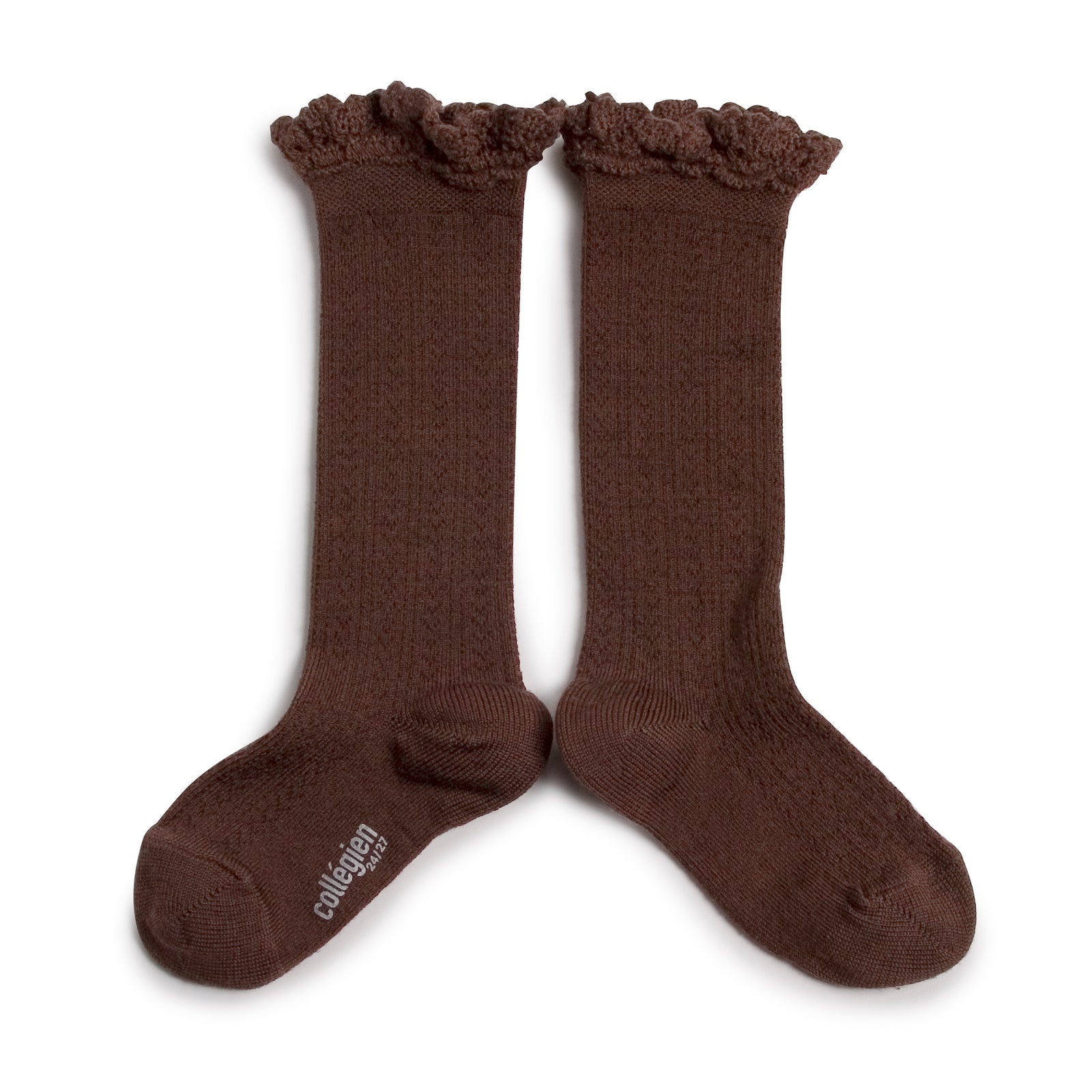Collegien Pointelle Merino Wool Lace Trim Knee High Socks / Chocolat Au Lait *preorder*