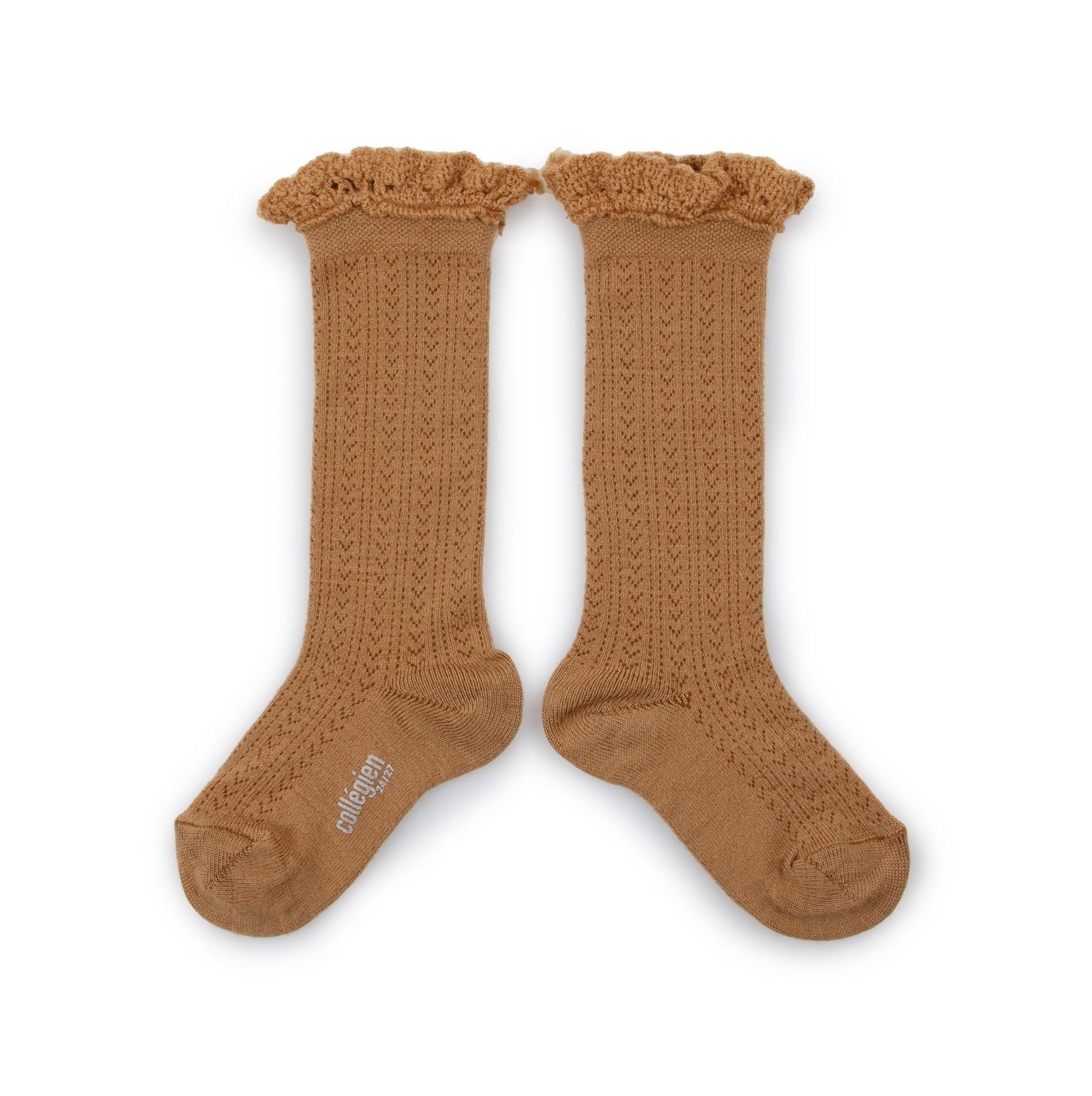 Collegien Pointelle Merino Wool Lace Trim Knee High Socks / Caramel *preorder*