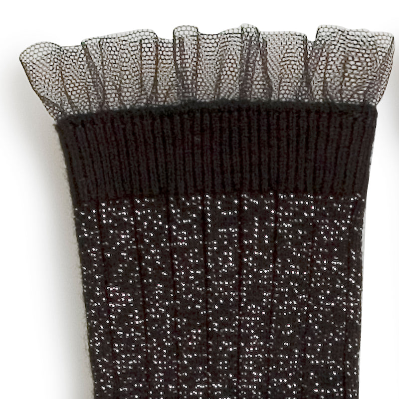 Collegien Alizee Ribbed Tulle Trim Glitter Ankle Socks / Noir de Charbon *preorder*