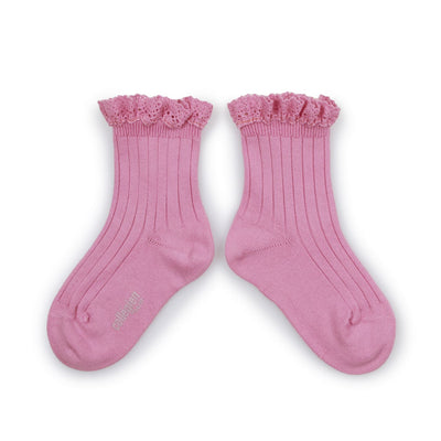 Collegien Lili Ribbed Lace Trim Ankle Socks/ Rose Bonbon*preorder*