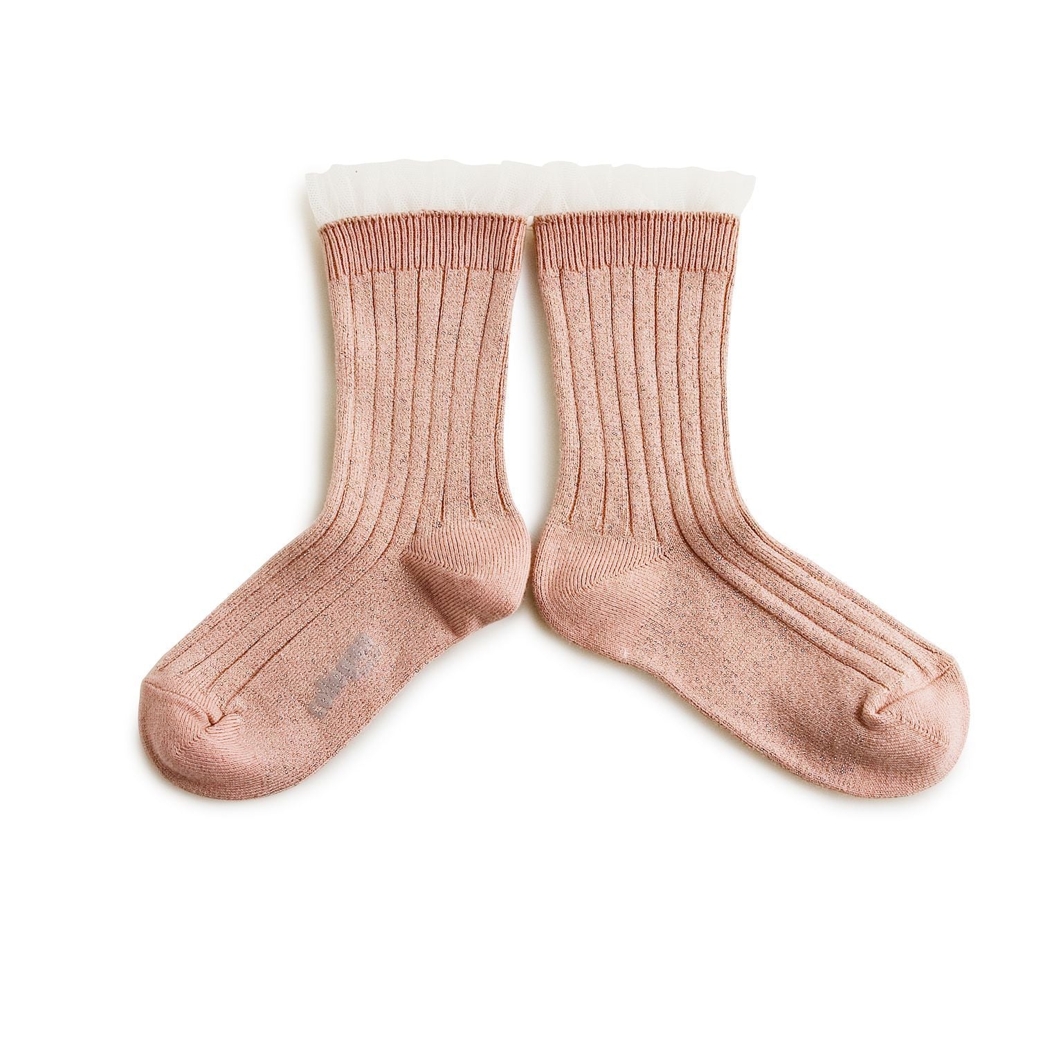 Collegien Ribbed Tulle Trim Glitter Ankle Socks / Vieux Rose