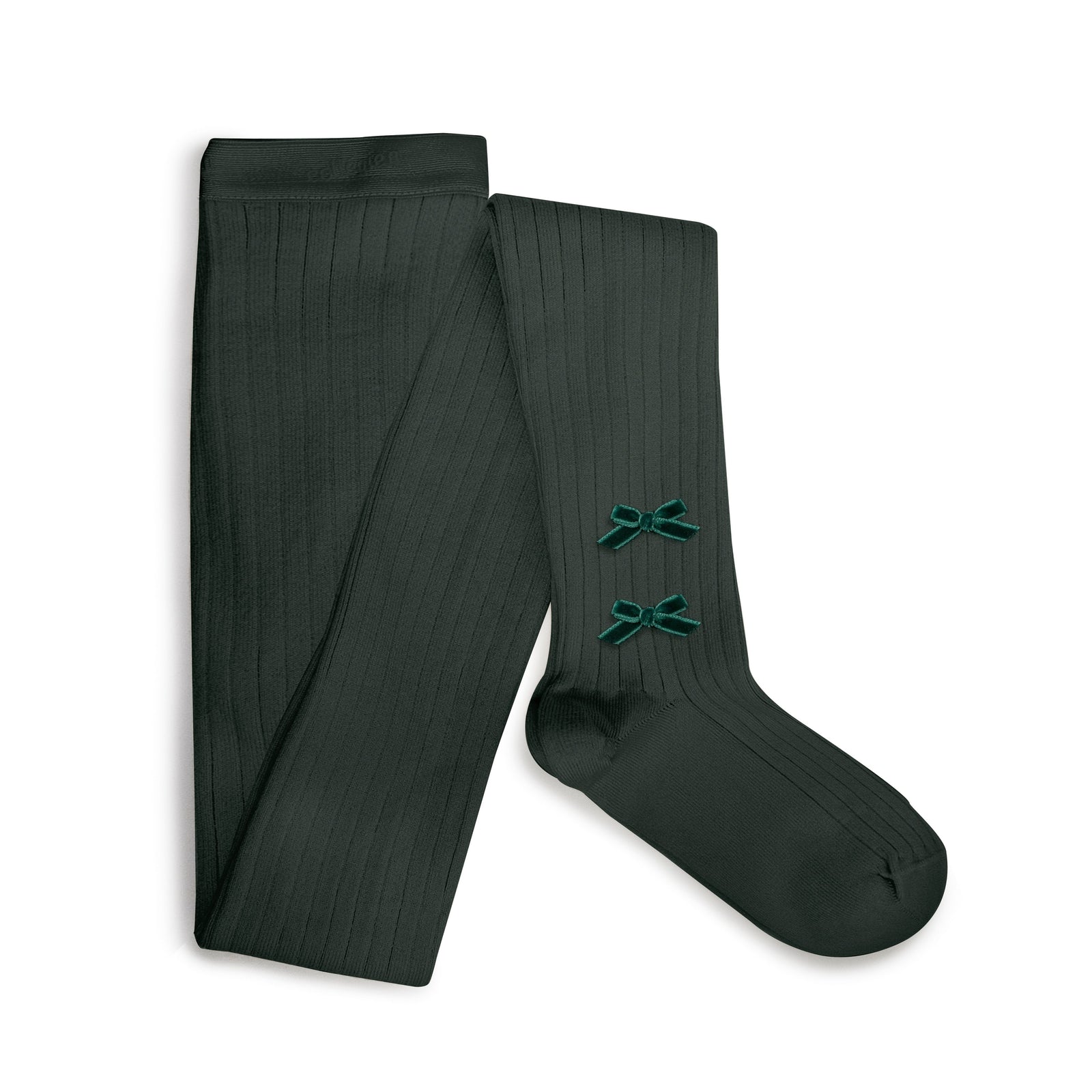 Collegien Ribbed Tights w. Velvet Bows / Vert Forêt *PreOrder*