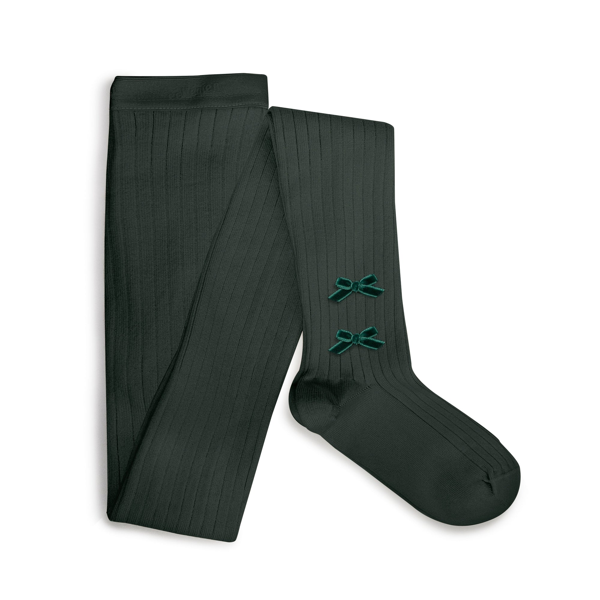 Collegien Ribbed Tights w. Velvet Bows / Vert Forêt *PreOrder*