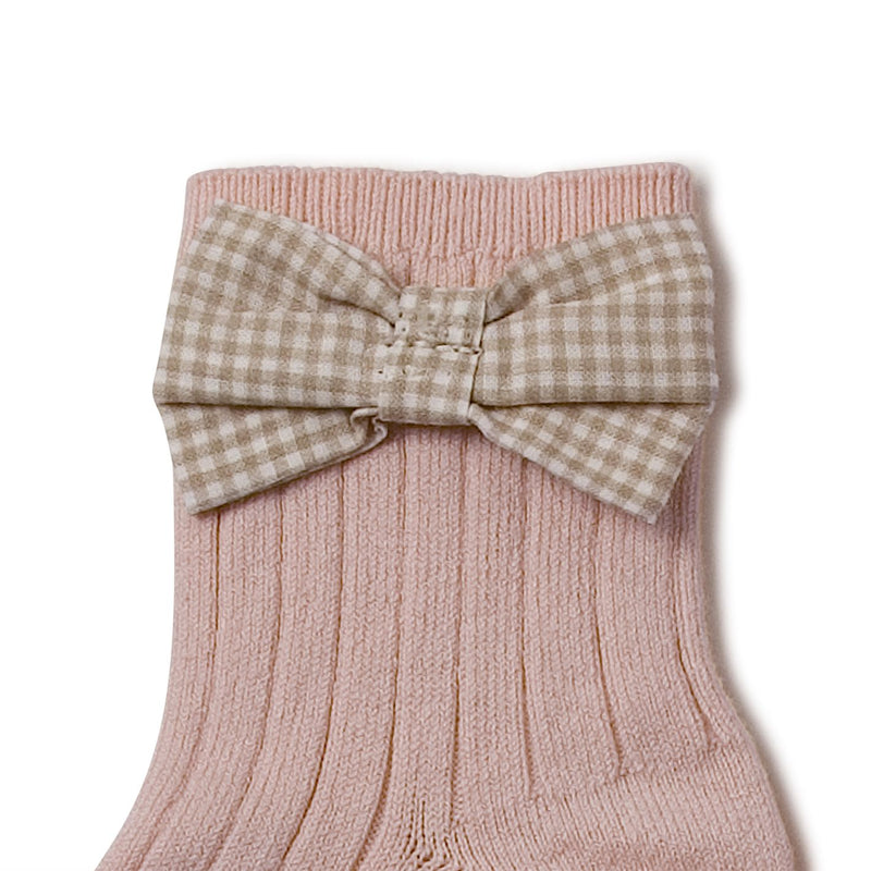 Collegien Gingham Bow Ribbed Ankle Socks / Vieux Rose *preorder*