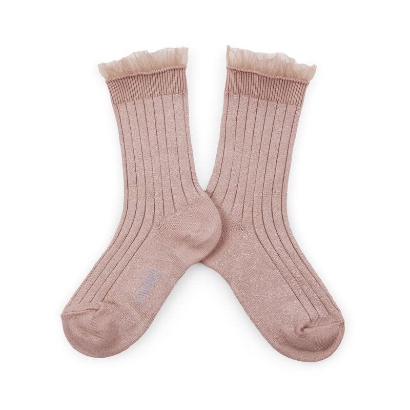 Collegien Alizee Ribbed Tulle Trim Glitter Ankle Socks / Vieux Rose*preorder*