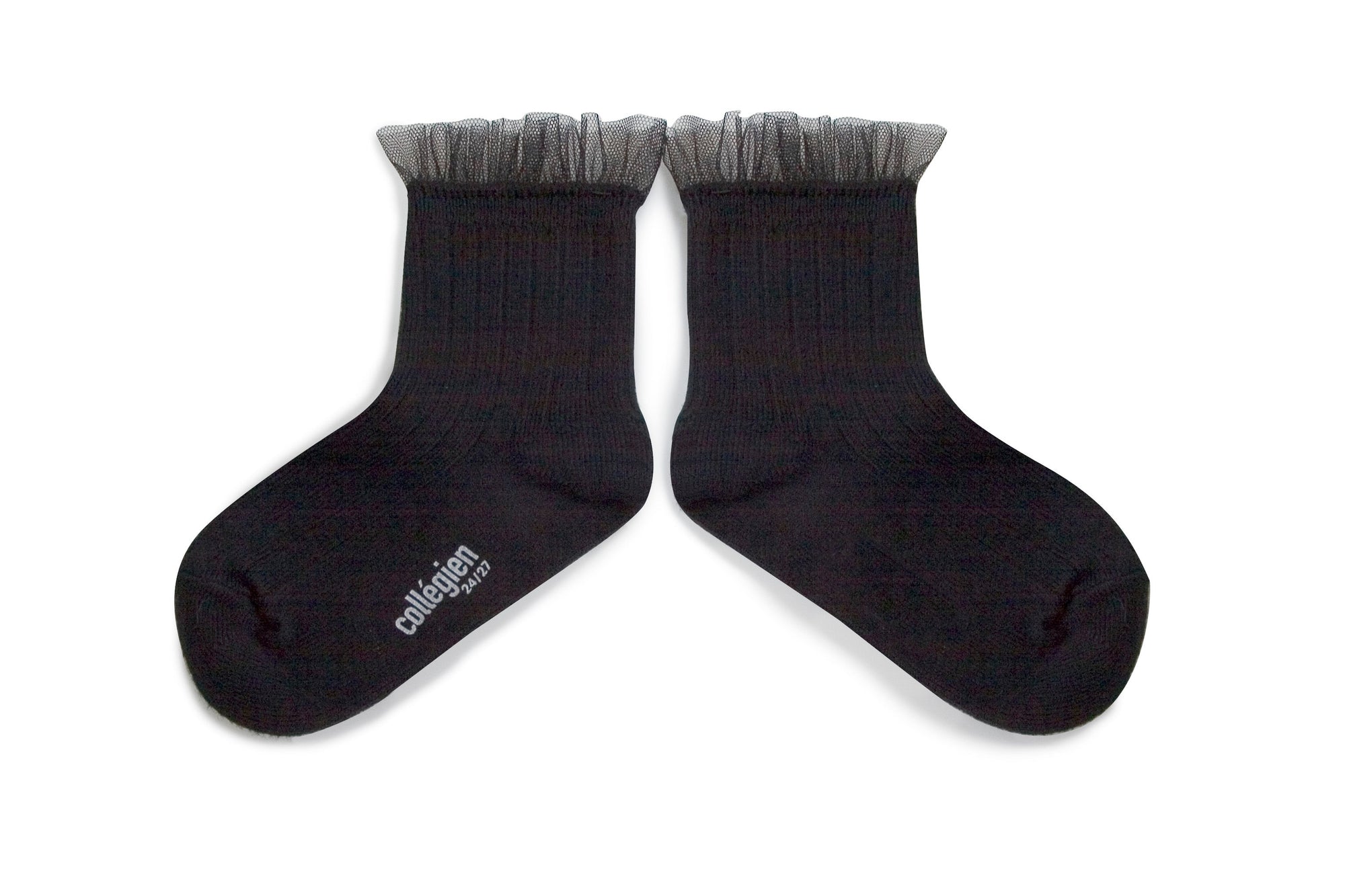 Collegien Margaux Ribbed Tulle Trim Ankle Socks / Noir De Charbon *preorder*