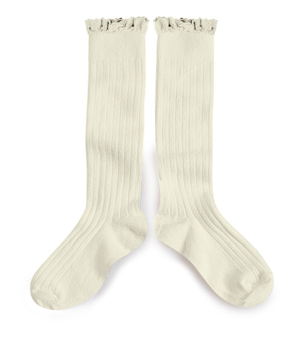 Collegien Ribbed Lace Trim Knee High Socks / Doux Agneaux