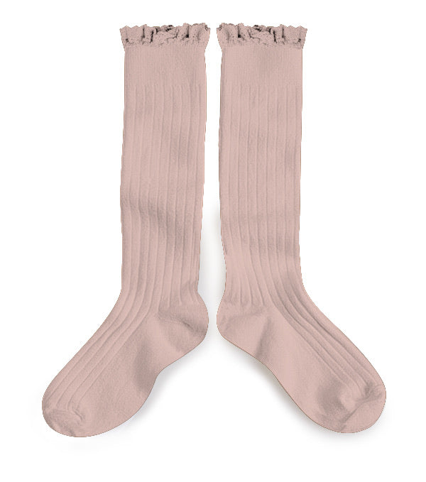 Collegien Josephine Ribbed Lace Trim Knee High Socks/ Vieux Rose *preorder*