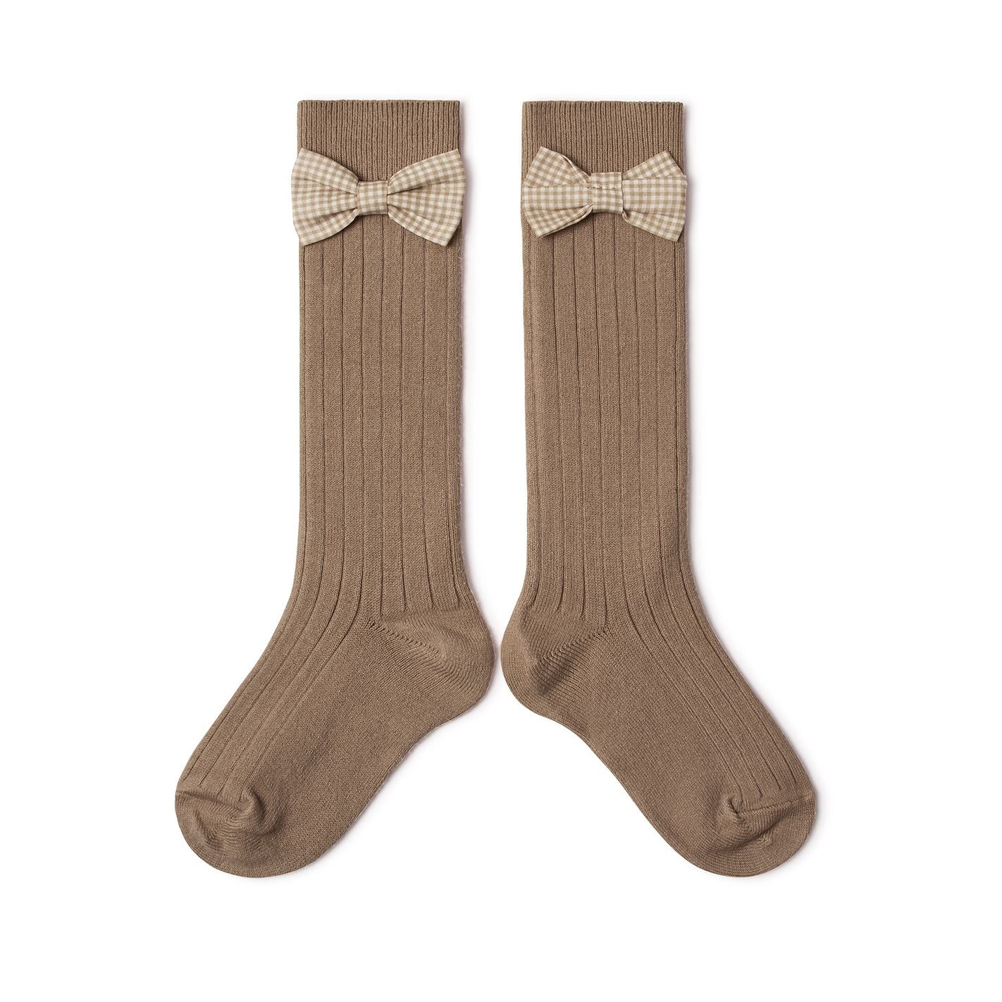 Collegien Jeanne Gingham Bow Ribbed Knee High / Petite Taupe *Preorder*
