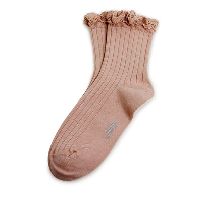 Collegien Lili Ribbed Lace Trim Ankle Socks / Vieux Rose*preorder*