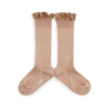 Collegien Gingham Ruffle Ribbed Knee High Socks / Vieux Rose *preorder*