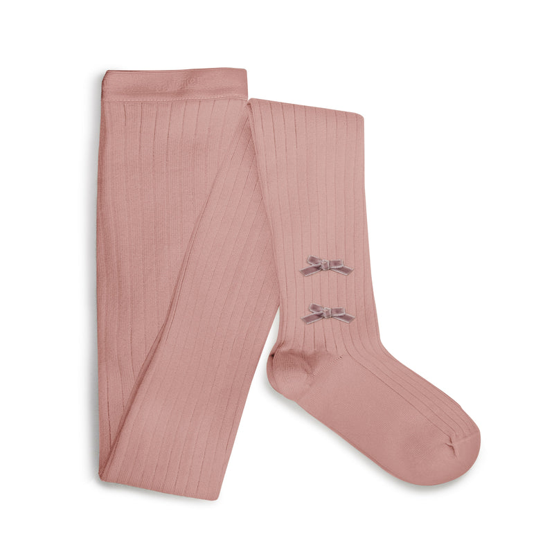 Collegien Ribbed Tights w. Velvet Bows / Vieux Rose *PreOrder*